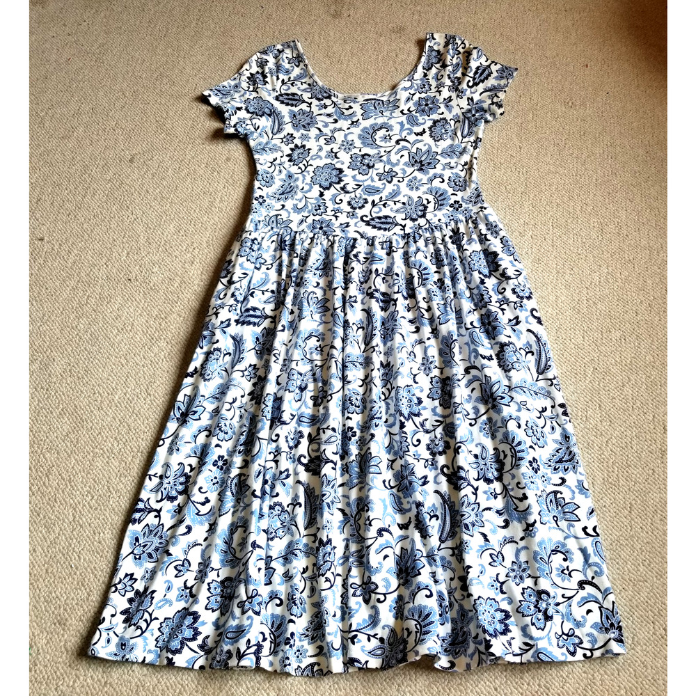 VINTAGE Womens Dress-ANDREW HARVEY-blu/wht floral cotton knit maxi Cottagecore-L